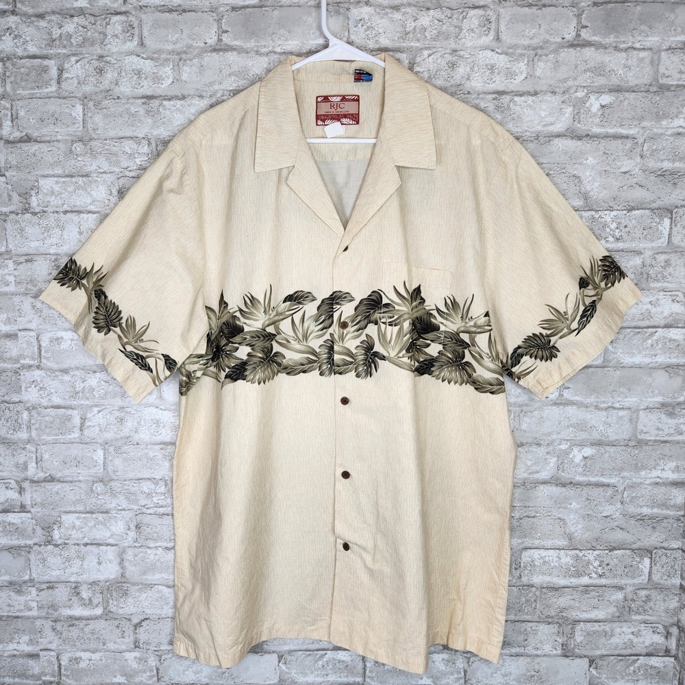 RJC Hawaiian Shirt‎ Tropical Leaf Border Print Tan Textured Camp Aloha 2XL